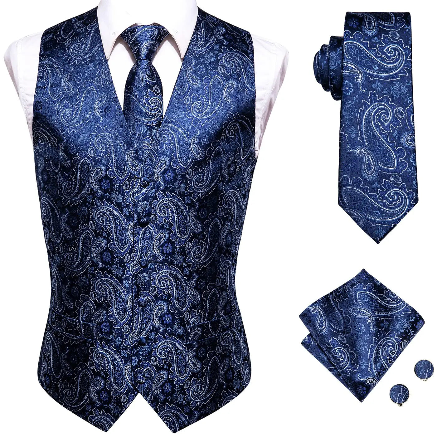 Hi-Tie Brand Silk Mens Vests Grey Black Gold Navy Blue Red Burgundy Jacquard Waistcoat Jacket NeckTie Hanky Cufflinks for Men