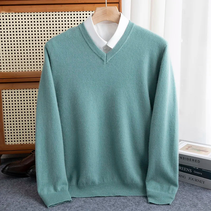 First-line of clothing Men 100% Merino Wool Sweater Spring Autumn V- Collar Pullovers Sweater Long Sleeve Soft Knit Basic Tops