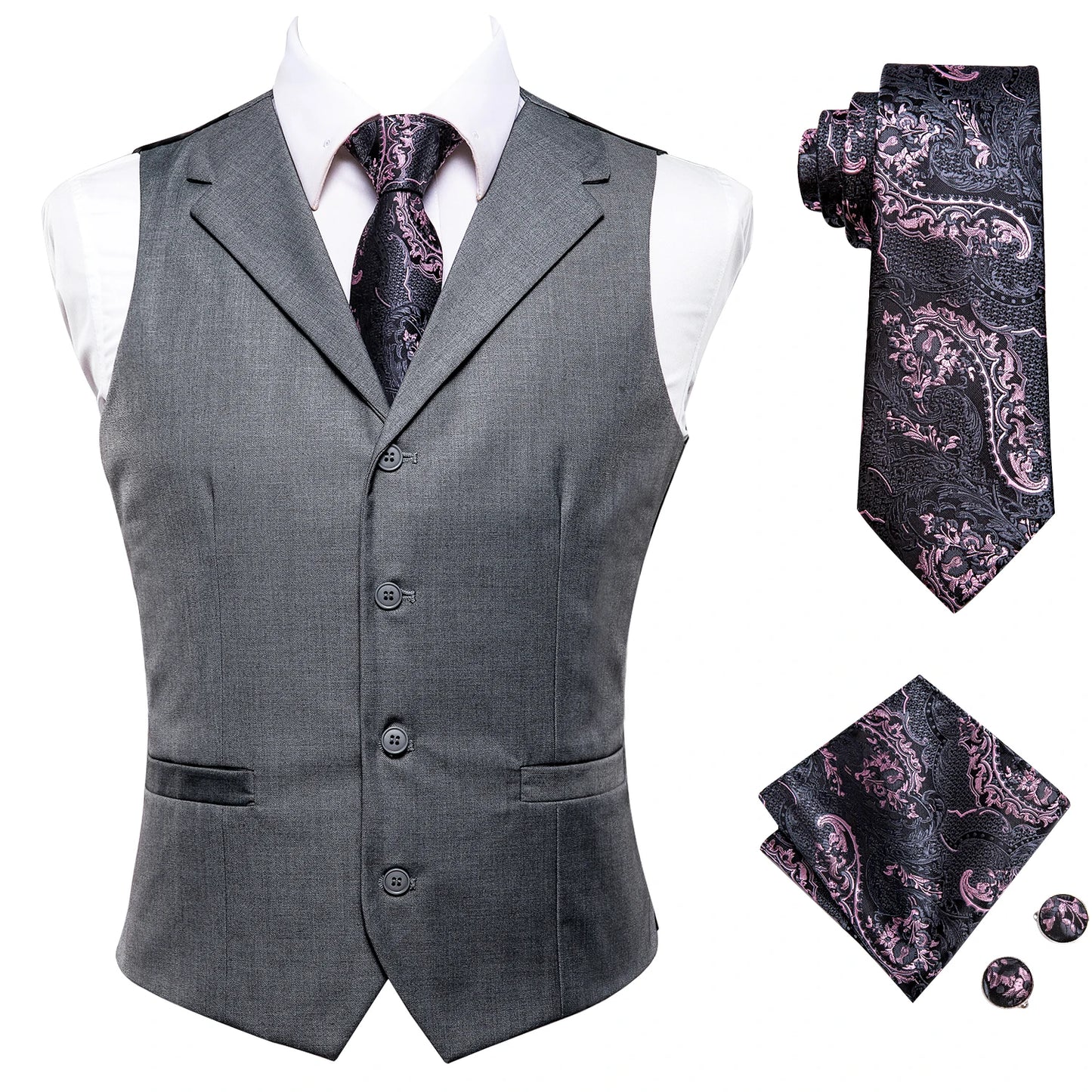 Hi-Tie Silk Ivory Beige Champagne Gold Mens Vests Tie Hankerchief Cufflinks Set Jacquard Vine Waistcoat for Men Suit Dress