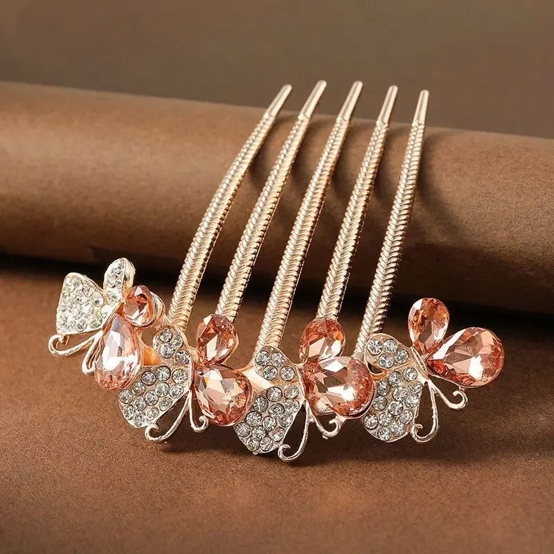 Fashion Zircon Butterfly Five Toothed Hairpin Bride Hair Accessories for Women Retro Luxury Alloy Hair Comb Mom's Headwear Gift