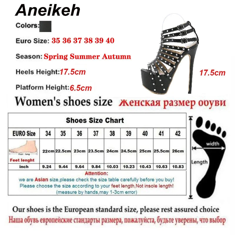 Aneikeh Summer Gladiator Rivet Women High Sandals Sexy Stripper 17.5CM Thin Heels Shoes Platform Fashion Narrow Band Pumps