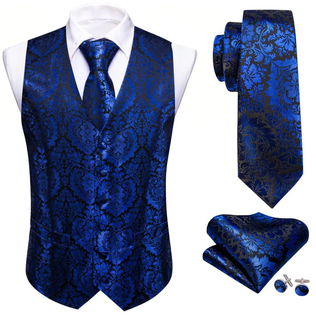 Elegant Silk Vest for Men Red Black Leaves Slim Fit Waistcoat Tie Hanky Cufflinks Set Wedding Business Formal Party Barry Wang