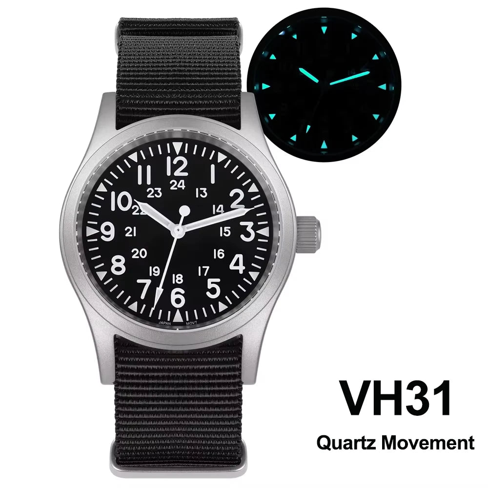 Militado ML05 38mm Military Field Watch VH31 Sweep Quartz Movement Domed Sapphire Crystal Waterproof 100M Super Luminous Watches