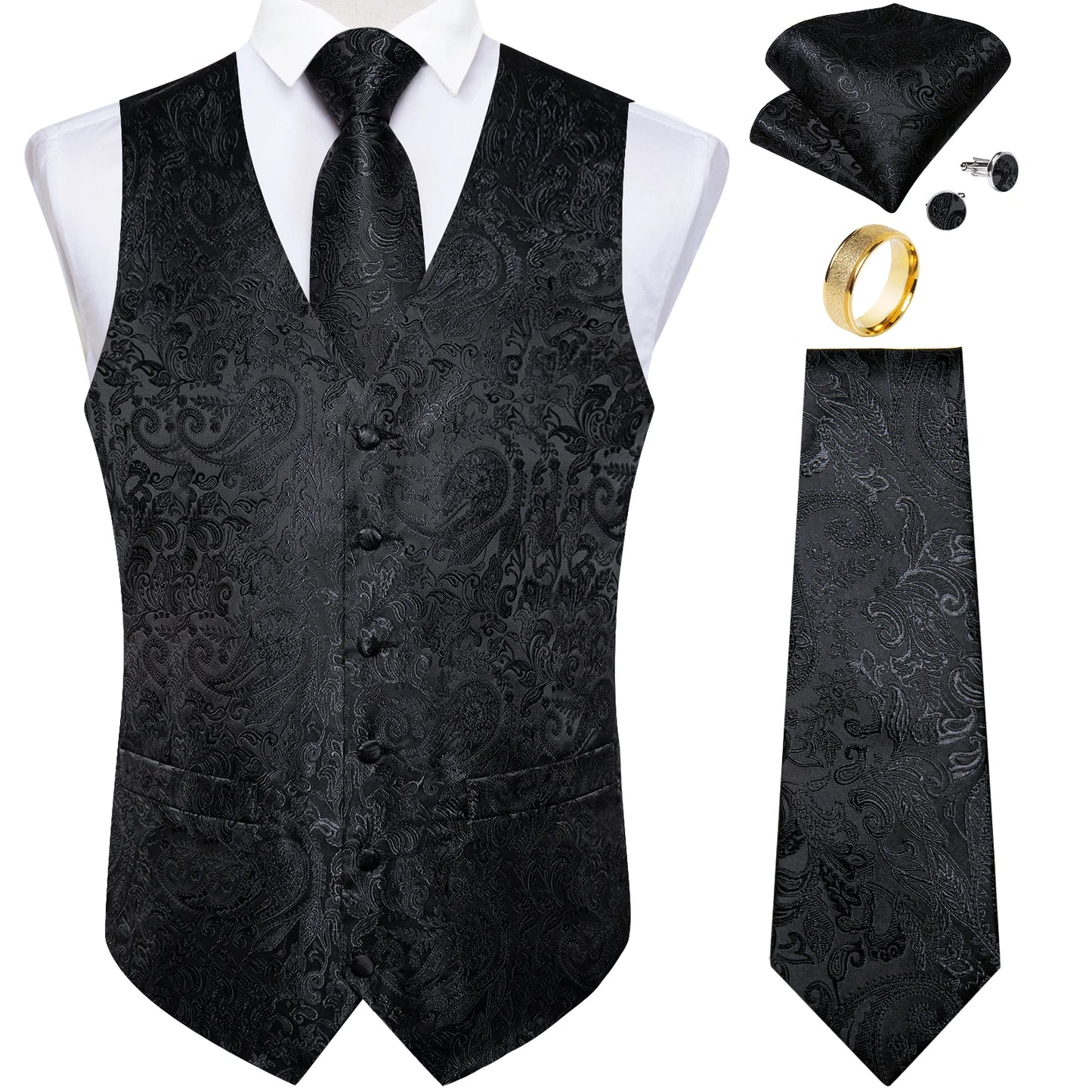 Fashion Green Paisley Vest for Man Business Festival Dress Fit Men's Waistcoat Luxury Silk Necktie Pocket Square Cufflinks Ring