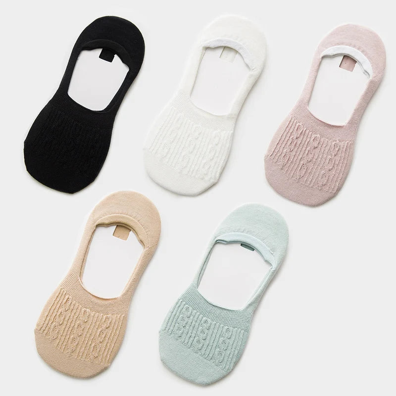 5 Pairs Women Cotton Low Cut Socks Solid Snowflake Softable Summer Silicone Non-slip Deep Mouth Prevent Heel Loss Slipper Socks
