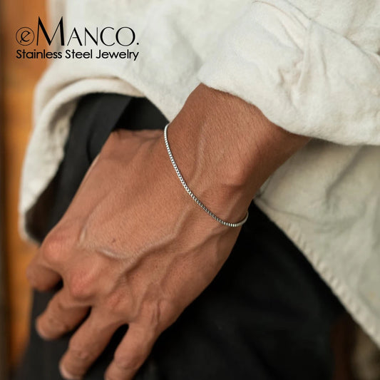 eManco  Charm for Women Jewelry Gifts Minimalist Men's Bracelet Support Wholesale Silver Color Stainless Steel Box Chain Bracele