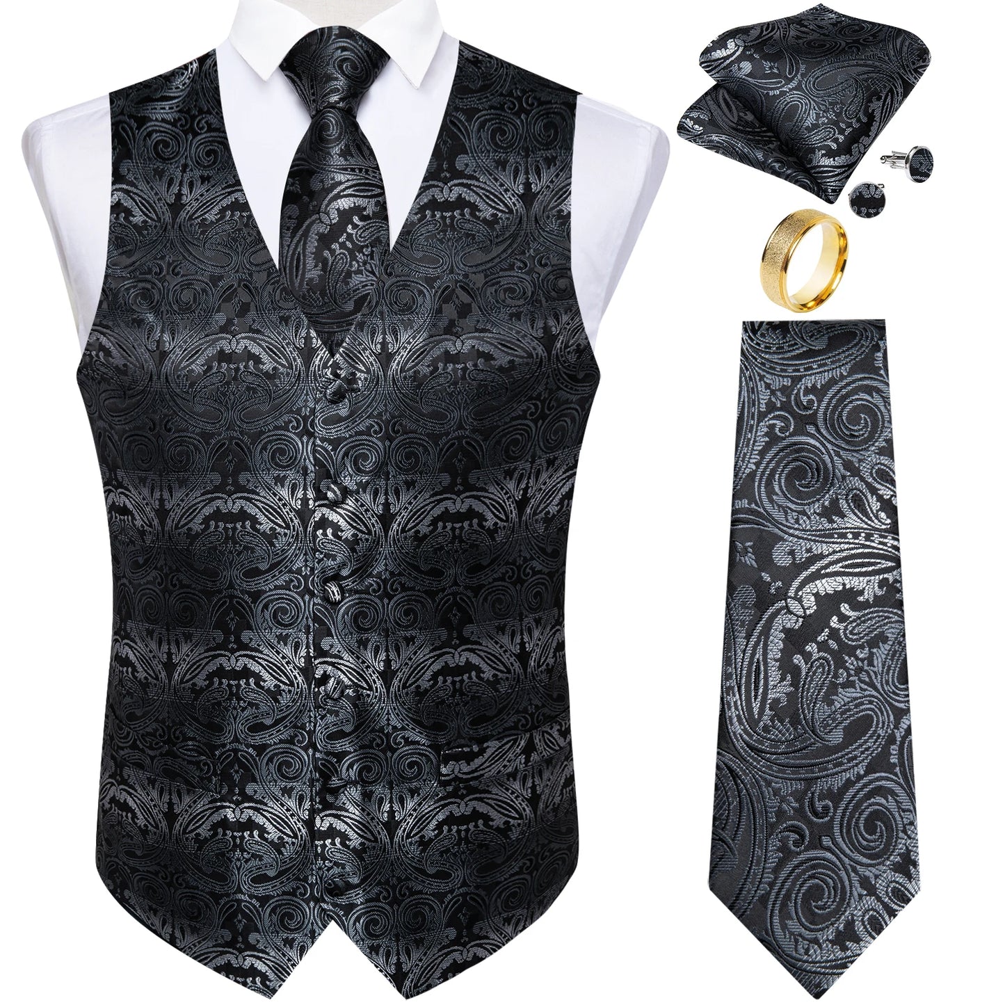 Fashion Green Paisley Vest for Man Business Festival Dress Fit Men's Waistcoat Luxury Silk Necktie Pocket Square Cufflinks Ring