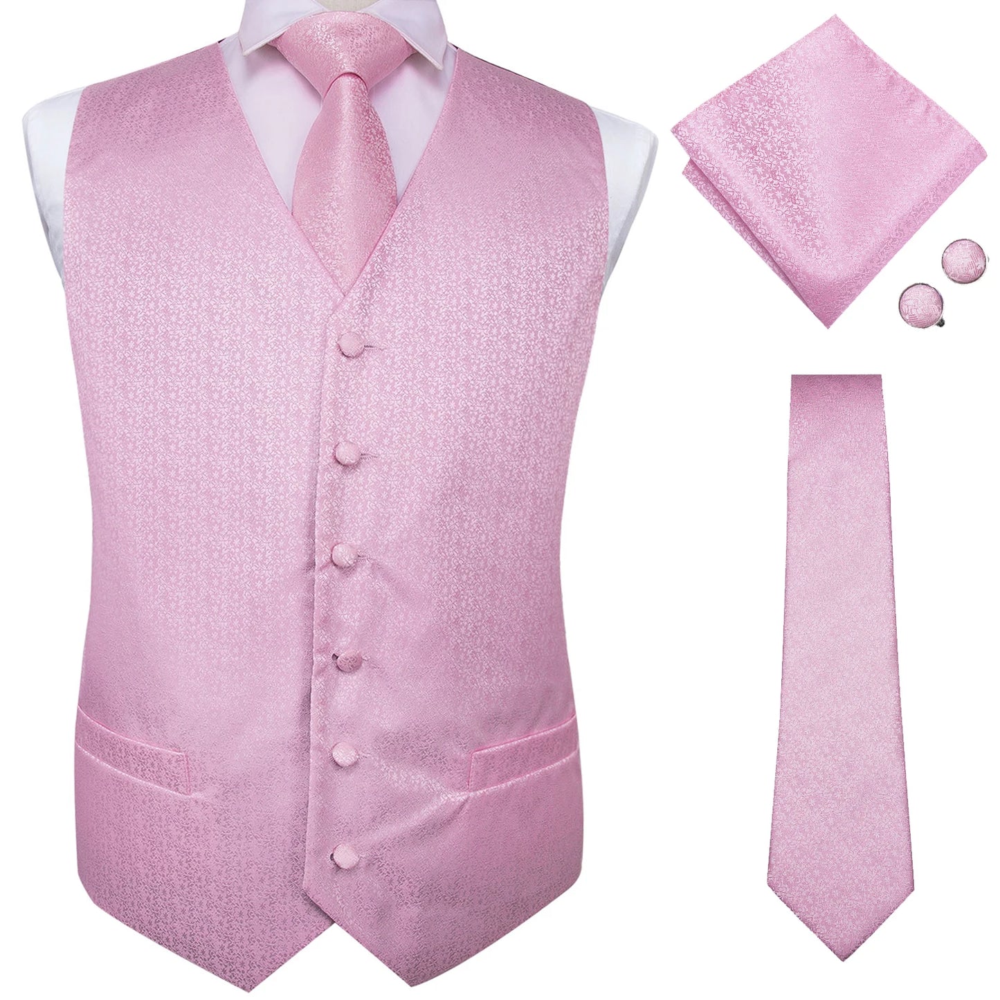 Hi-Tie Wedding Coral Pink Mens Vest Silk Tie Set Adjustable Jacquard Waistcoat Jacket Necktie Hanky Cufflinks Formal Party Gifts