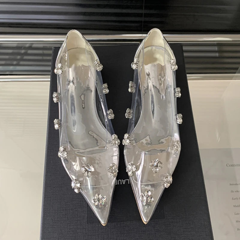 Eilyken Spring Crystal PVC Transparent Women Pumps Fashion Pointed Toe Square Low Heels Sandals Elegant Ladies Shoes
