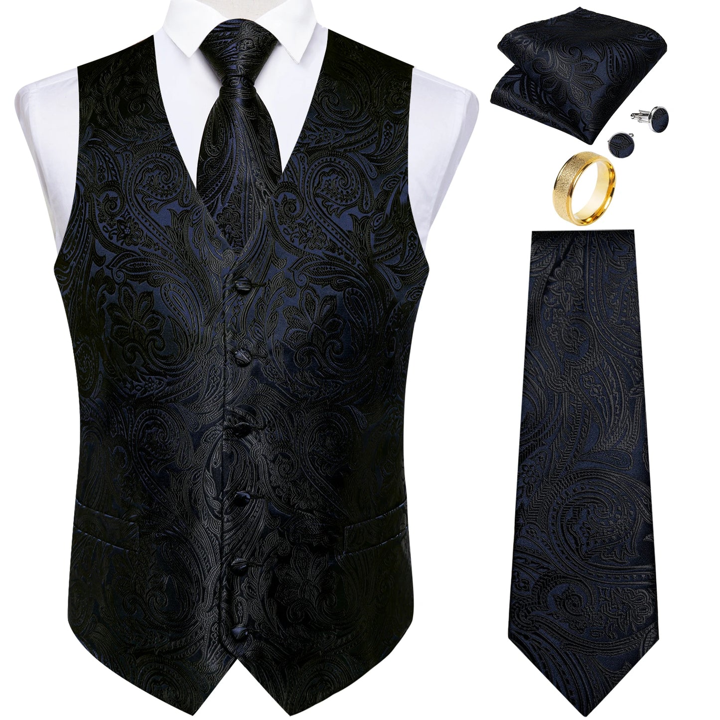 Fashion Green Paisley Vest for Man Business Festival Dress Fit Men's Waistcoat Luxury Silk Necktie Pocket Square Cufflinks Ring