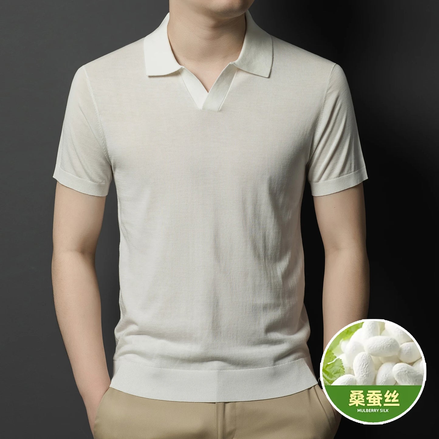Men's Mulberry Silk Knit Polos 2024 Summer Classic Turn Down Color Lyocell Cotton Knitwear Short Sleeve Thin Knit Tee Shirts