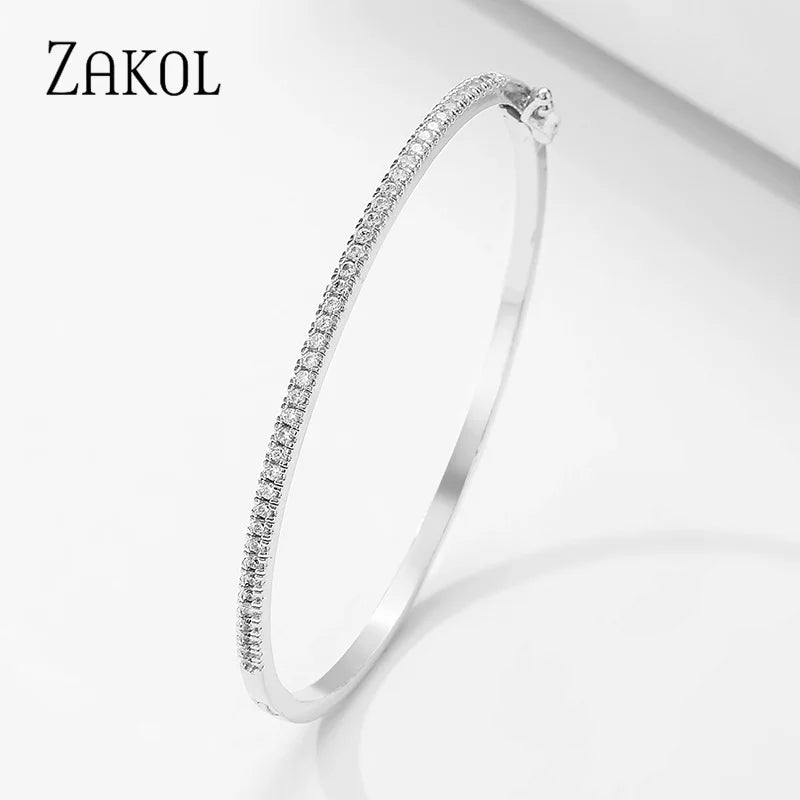 ZAKOL Simple Micro-inlaid Cubic Zirconia Bangle for Women Fashion Geometric CZ Bracelets Wedding Party Jewelry