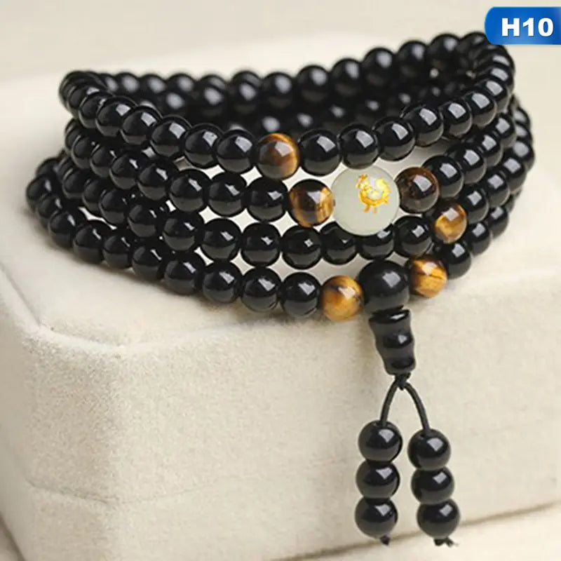 Black Stone Bracelet with Luminous Beads and Glass Pearls