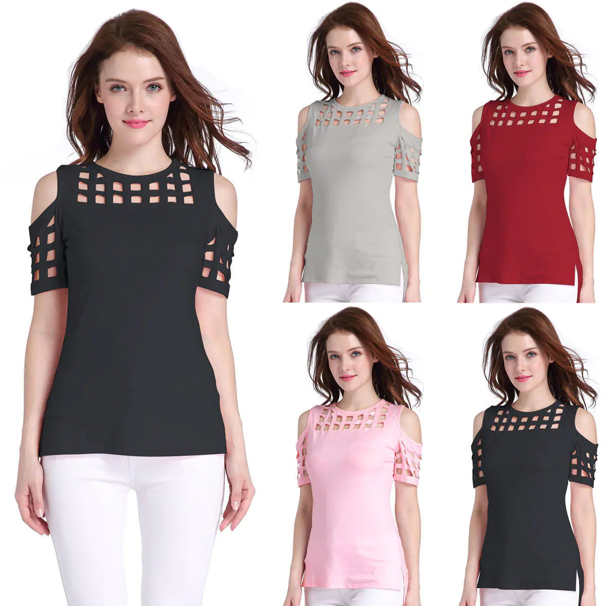 Checked Off-Shoulder Short Sleeve Fitted T-Shirt