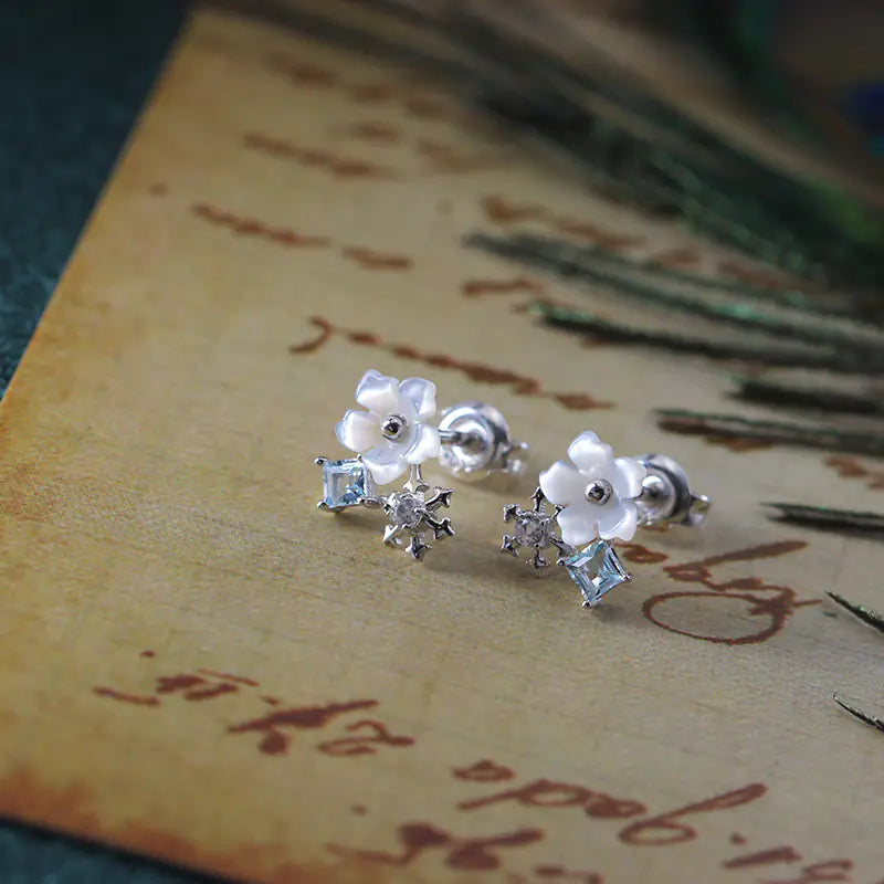 925 Silver Asymmetrical Petal Earrings with Topaz