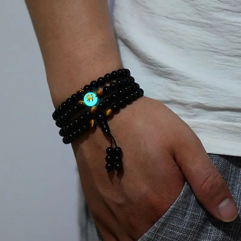 Black Stone Bracelet with Luminous Beads and Glass Pearls