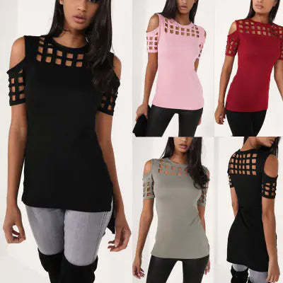 Checked Off-Shoulder Short Sleeve Fitted T-Shirt