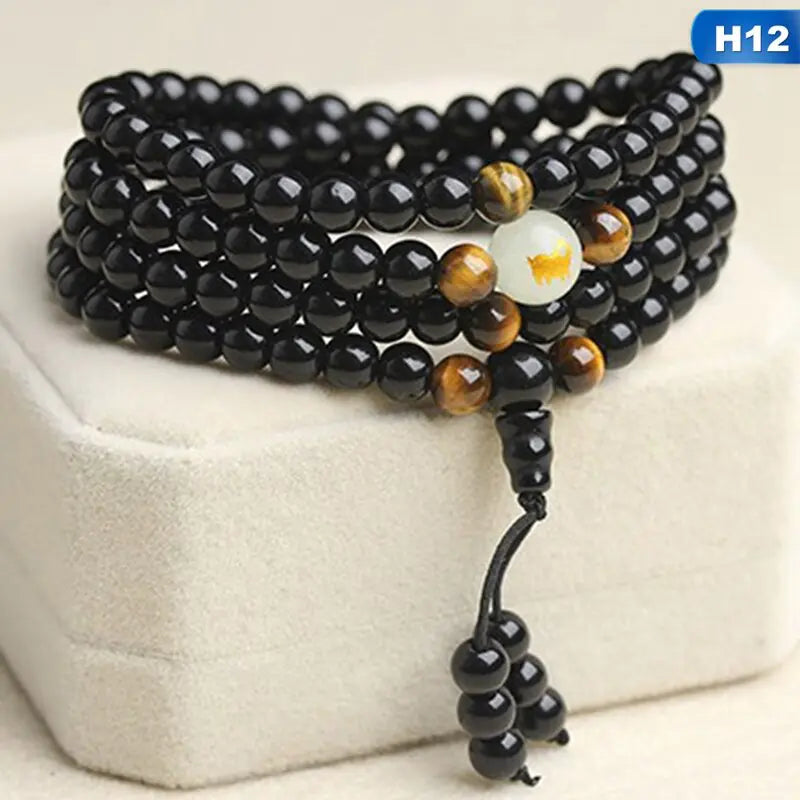 Black Stone Bracelet with Luminous Beads and Glass Pearls