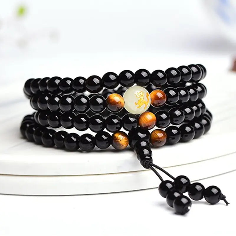 Black Stone Bracelet with Luminous Beads and Glass Pearls
