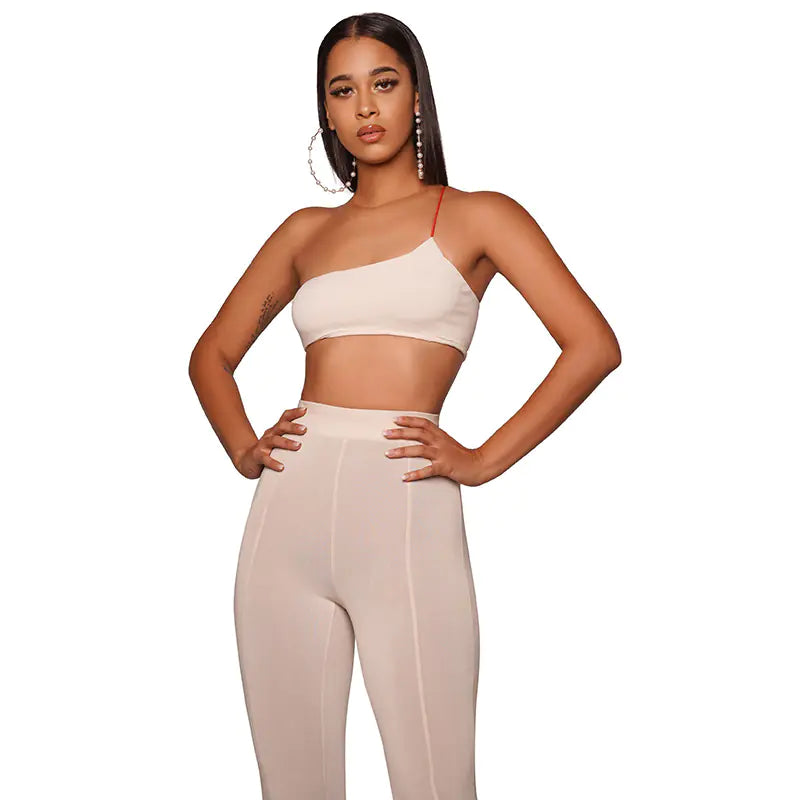 Summer Women's Casual Set with One-Shoulder Top and Pants