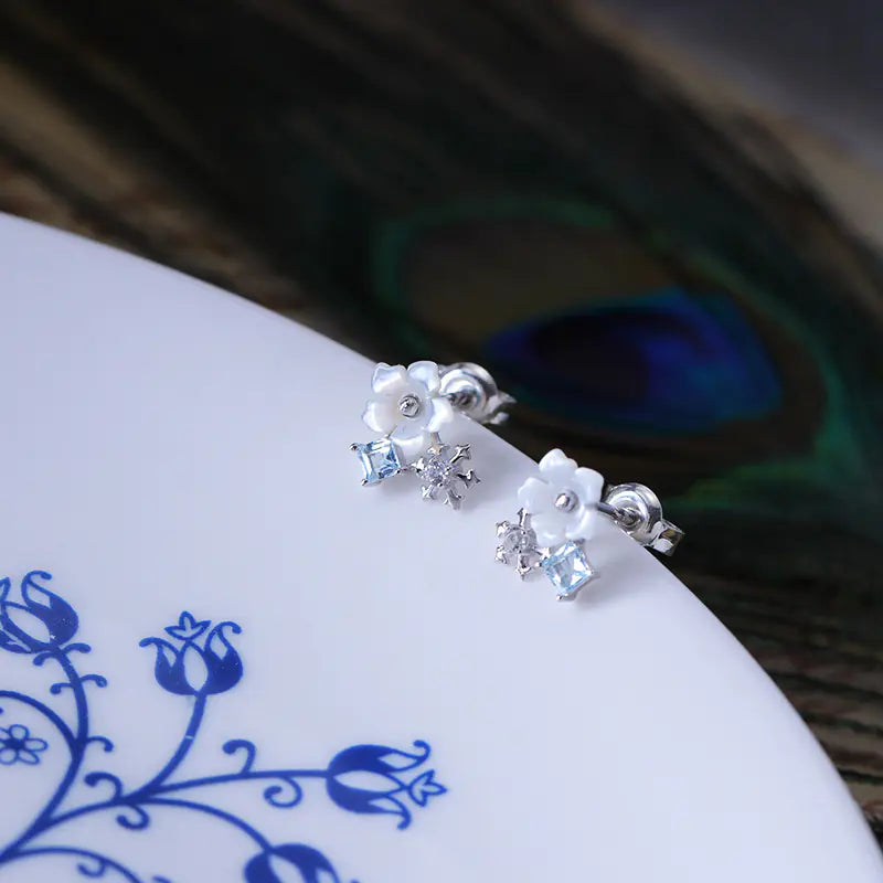 925 Silver Asymmetrical Petal Earrings with Topaz