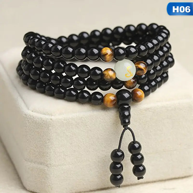 Black Stone Bracelet with Luminous Beads and Glass Pearls