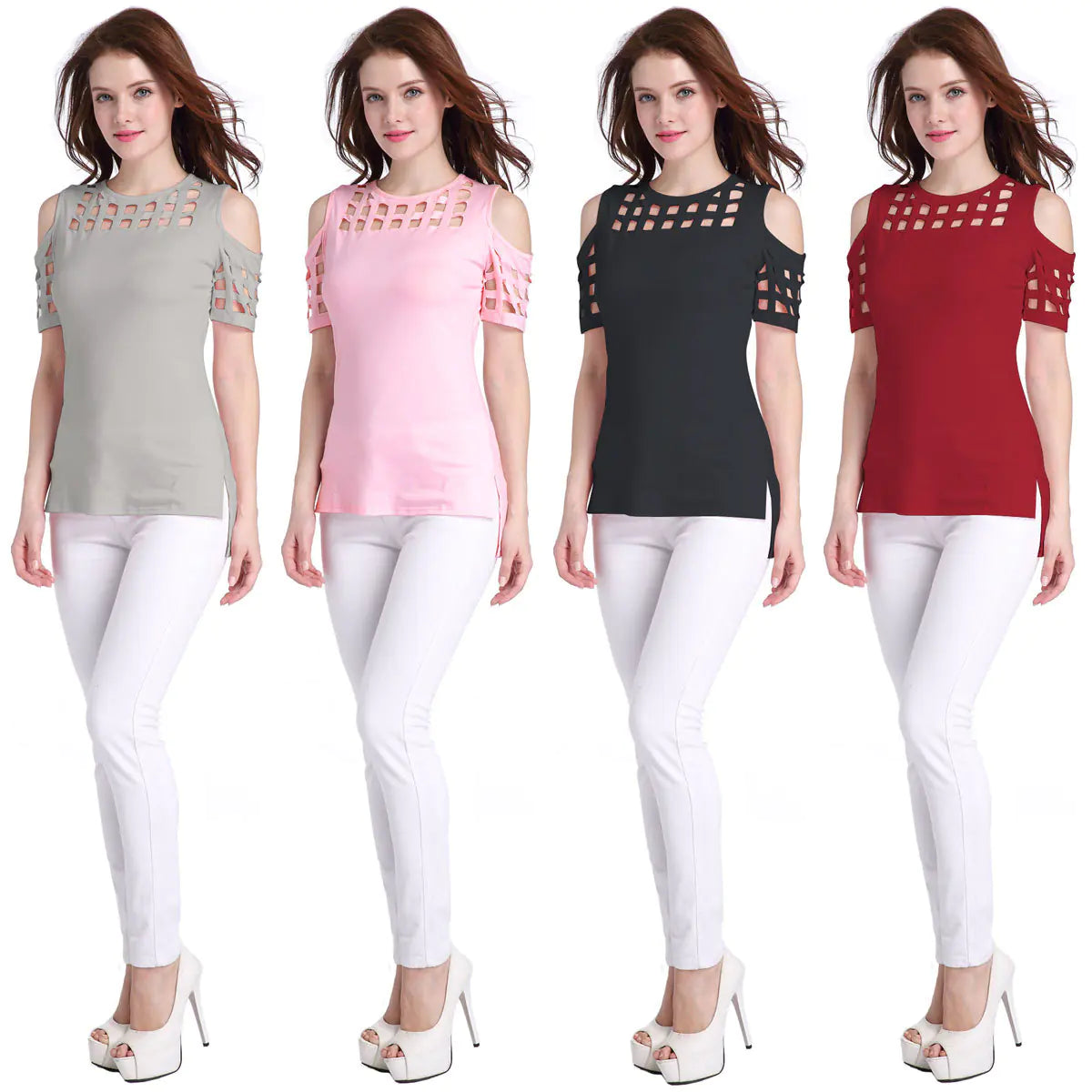 Checked Off-Shoulder Short Sleeve Fitted T-Shirt