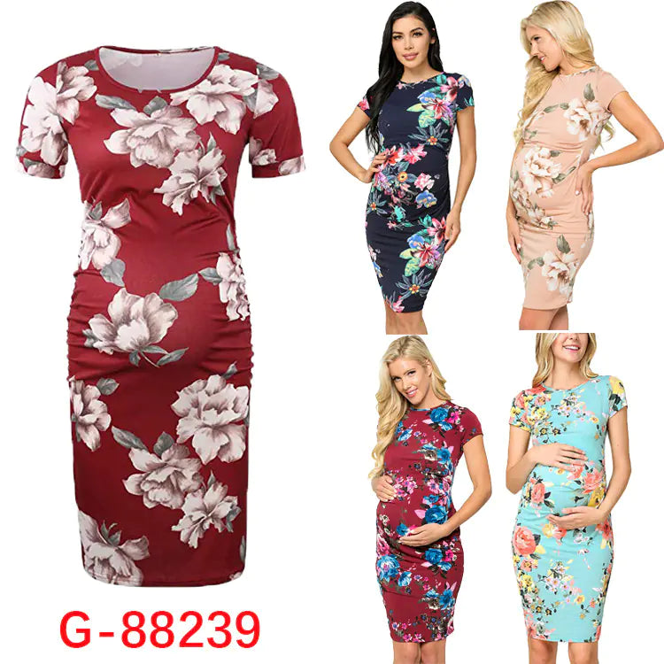 Round Neck Short Sleeve Pleated Print Maternity Dress