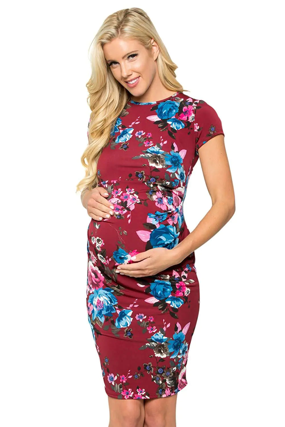 Round Neck Short Sleeve Pleated Print Maternity Dress