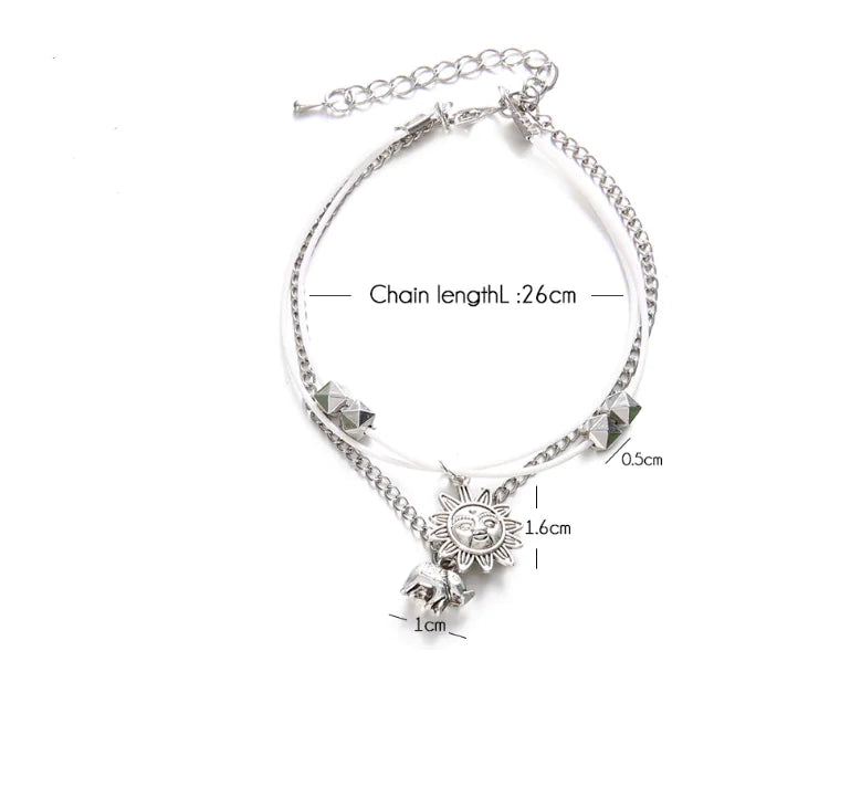 Bohemian Alloy Elephant Sun Three-Layer Beaded Anklet