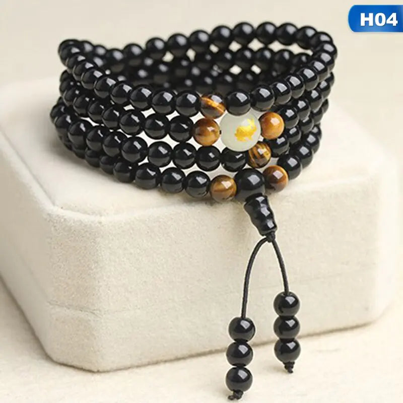 Black Stone Bracelet with Luminous Beads and Glass Pearls