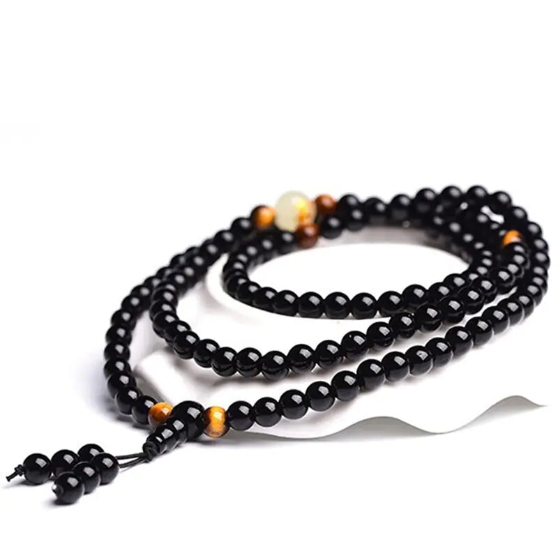 Black Stone Bracelet with Luminous Beads and Glass Pearls