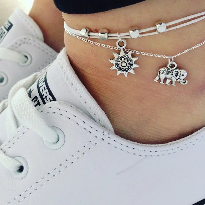 Bohemian Alloy Elephant Sun Three-Layer Beaded Anklet
