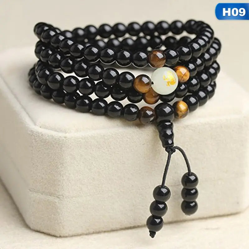 Black Stone Bracelet with Luminous Beads and Glass Pearls