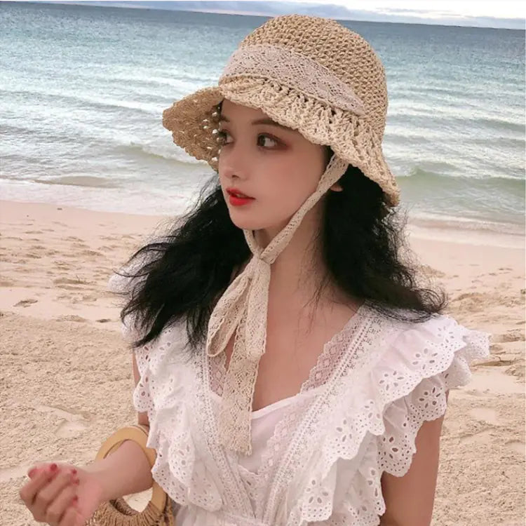 Women's Big Brim Hollow Straw Sun Hat for Beach