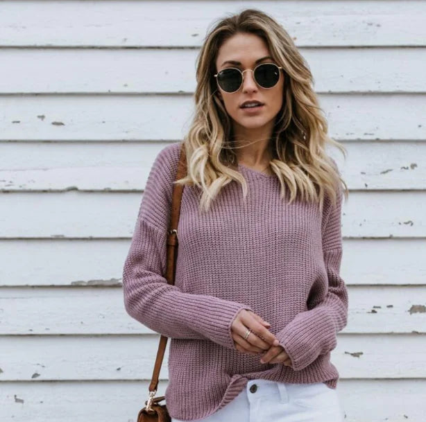 Solid Color Knit Sweater with Long Batwing Sleeves