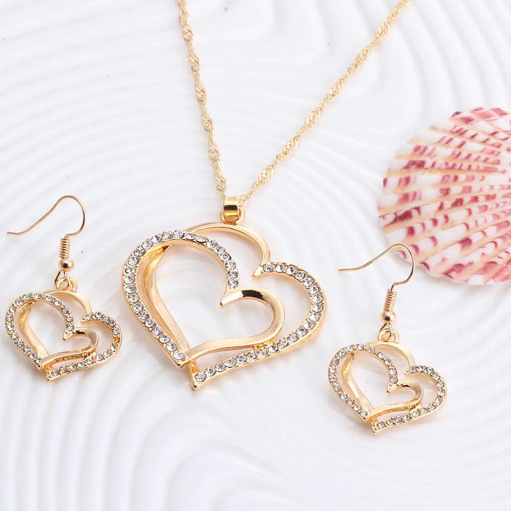 Double Heart Earrings and Necklace Wedding Set