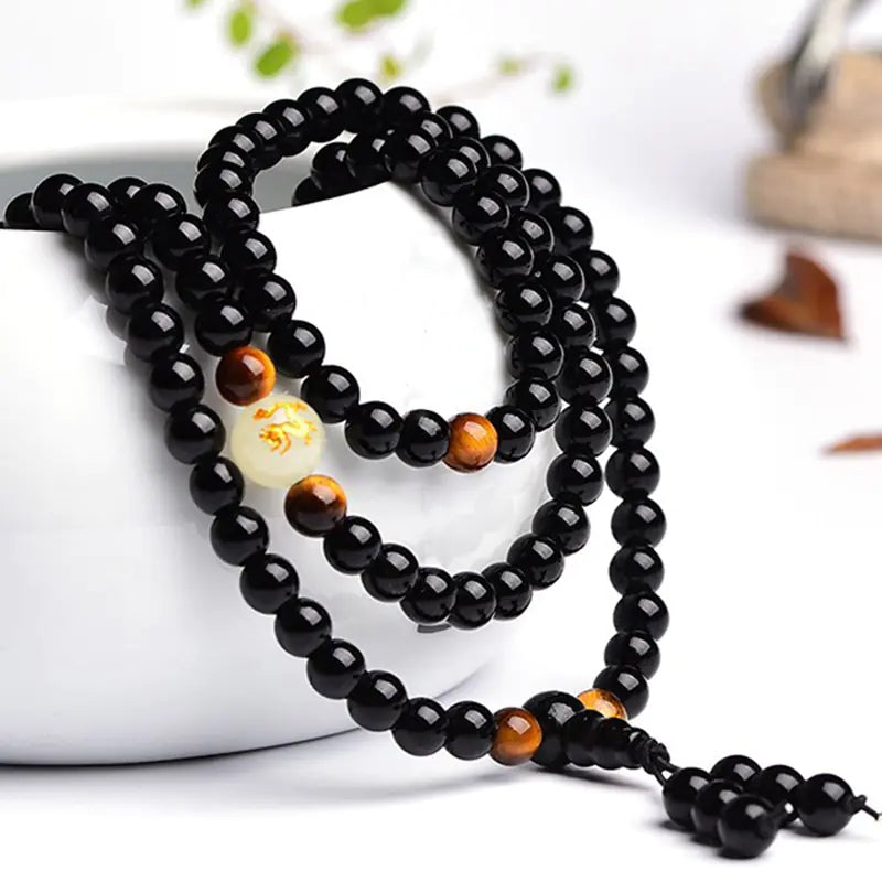 Black Stone Bracelet with Luminous Beads and Glass Pearls
