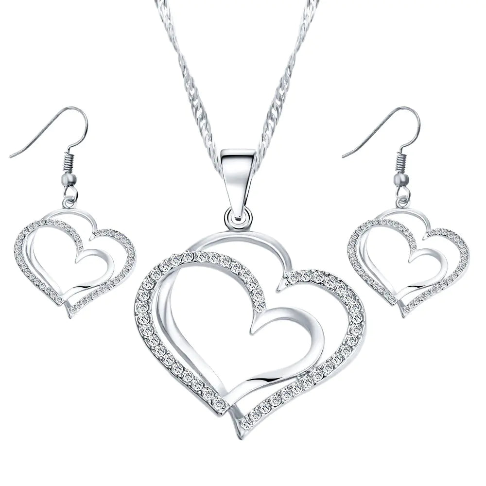 Double Heart Earrings and Necklace Wedding Set