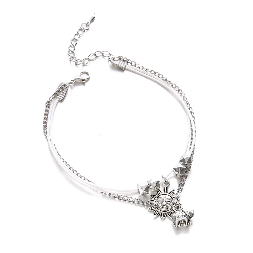 Bohemian Alloy Elephant Sun Three-Layer Beaded Anklet