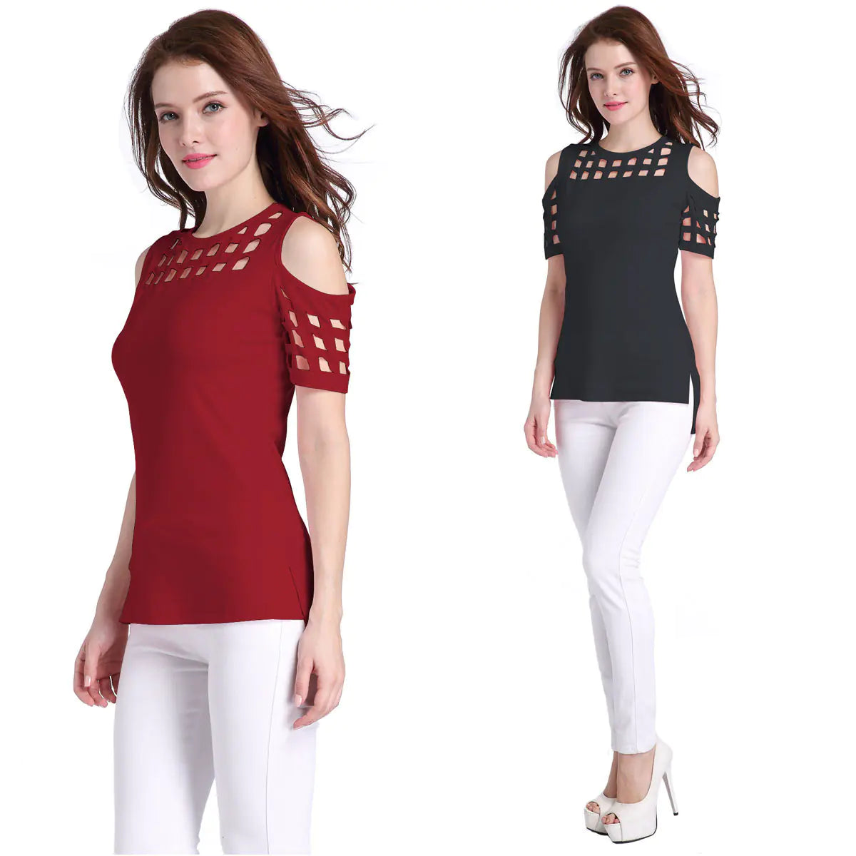 Checked Off-Shoulder Short Sleeve Fitted T-Shirt